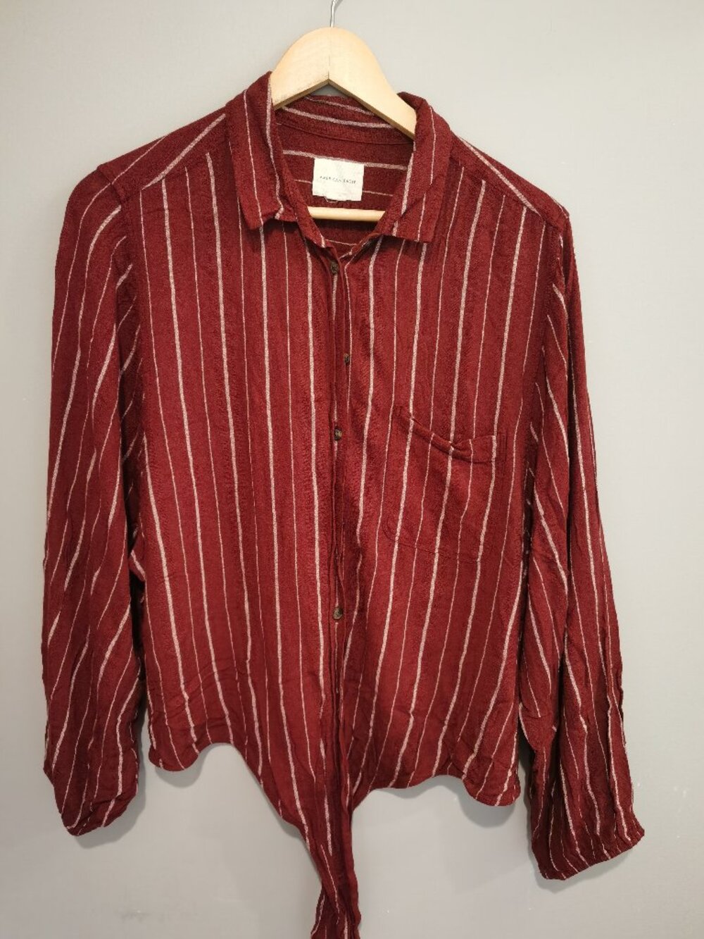 American Eagle Burgundy Striped Tie-Front Shirt | Size L